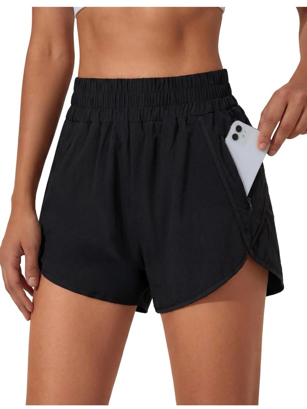 Black Women's Athletic Shorts with Elastic Waist and Zip Pocket